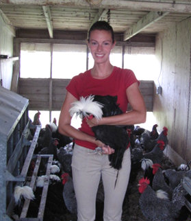 laura with White Crested Black Polish chicken